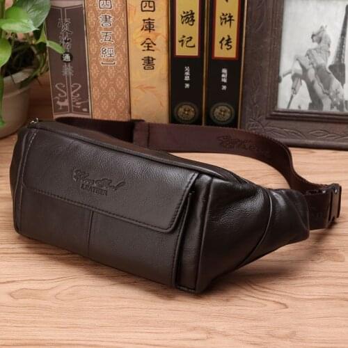 Real Cowhide Men Waist Bags Hip Bum Fanny Chest Pack Casual Multi-Functional Pocket Shoulder Pouch Genuine Leather Loop Belt Bag