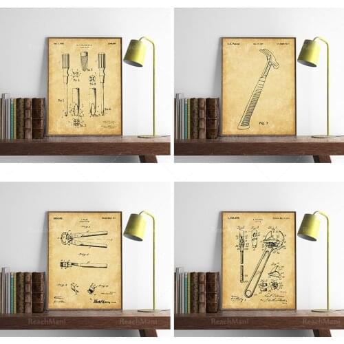 Tool patent printing 4-piece set Tool poster, workshop poster, screwdriver patent, wrench poster, vice patent, hammer poster, in