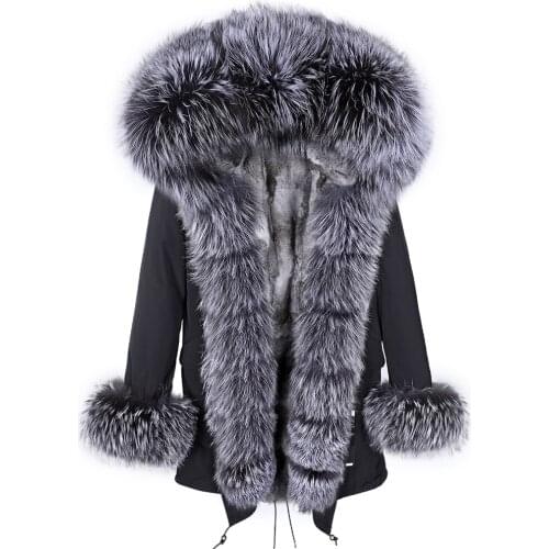 Maomaokong 2020 winter womens fur, natural real rabbit fur lining, fox fur collar, winter warm parka coat, black long coat