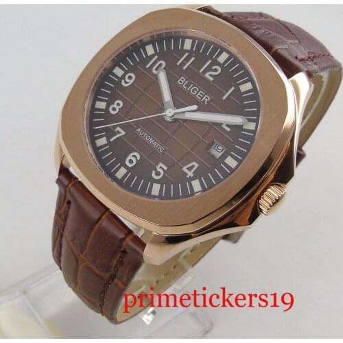 Brown dial rose golden case luxury 39mm automatic movement date luminous hands leather strap mens watch 2128