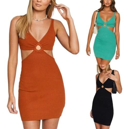 Sexy Women Sleeveless Dress with Chest Cutout 2021 Summer Solid Color V-neck Skinny Fit High Waist Design Summer Clothing S-XL
