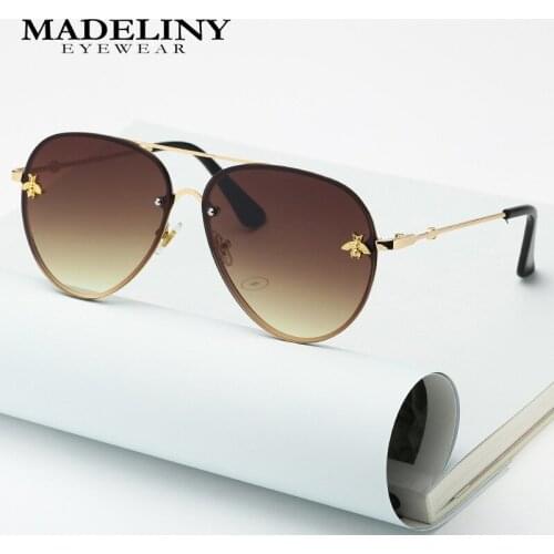 MADELINY Oval Oversized Sunglasses Women Rimless Bees Metal Frame Ocean Lens Sun Glasses Vintage Eyewear UV400 MA348