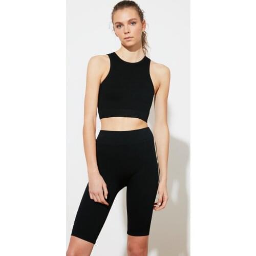 Turkish Textile Black Seamless Ribbed Biker Sports Leggings Turkey Production