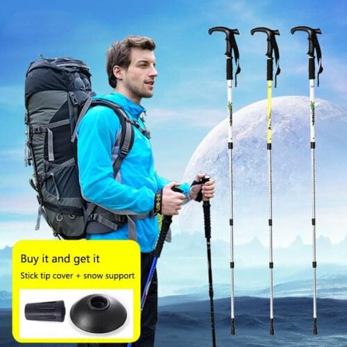 Outdoor Foldable Trekking Pole Aluminum Alloy Straight Handle T-Shaped Handle Hiking Canes Climbing Stick Telescopic Stick