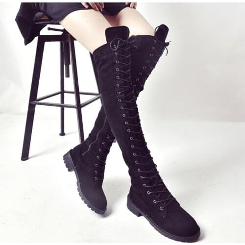 Plus Size 35-53 Nice New Knee High Boots Women Autumn Fashion Lace Up Shoes Woman Square Med Heels Young Girls Lovely Boot