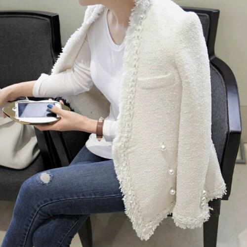 Little Fragrance Jacket Female 2021 Spring French Woven Ladies Tweed Temperament Autumn and Winter Knitted White Top