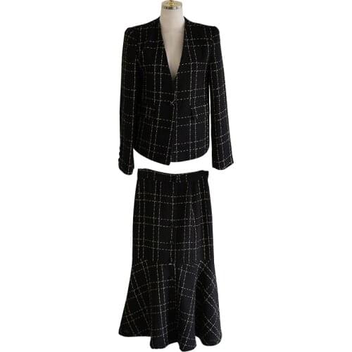 Winter v-neck Vintage woolen Office Blazer Top +mermaid Skirt Two Piece Work Sets Plaid
