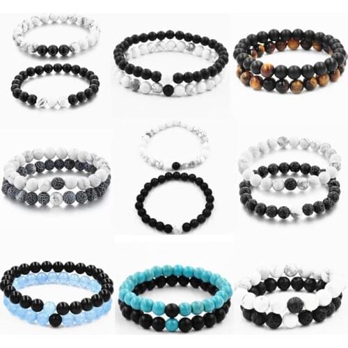 2 pieces/set couple distance bracelet classic natural stone white and black yin and yang beaded bracelet