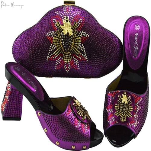 2021 African Lastest Italian Design Nigerian Fashion Special Style Party Wedding Ladies Shoes and Bag Set in Purple Color