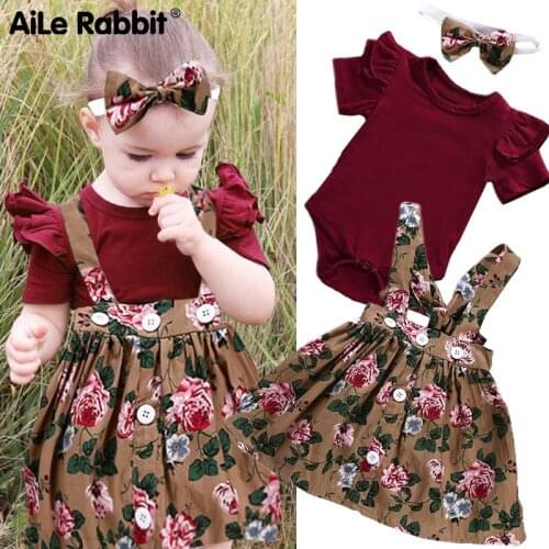 Kid Casual Clothing Set 100% Cotton 3Pcs Baby Toddler Girls Kids Overalls Skirt +Headband+Romper Clothes Outfits JU 133