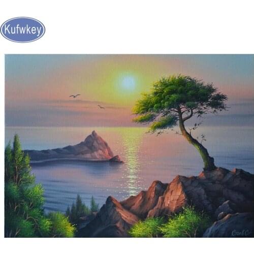 3d Sunrise seascape 5d diamond mosaic cross stitch tree Landscape diamond embroidery sale square round drill painting Home Decor