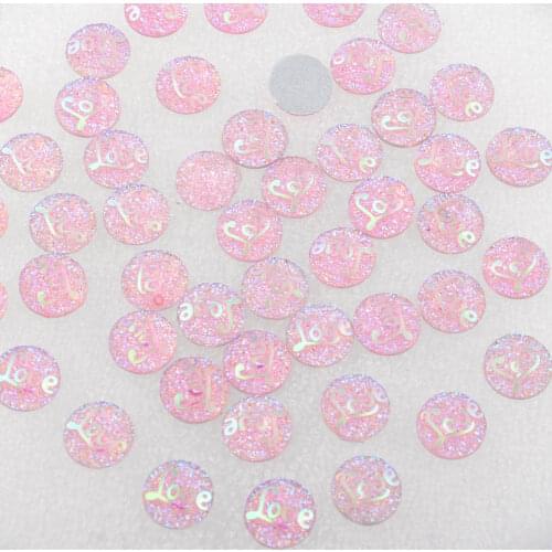 BOLIAO AB Color Rhinestone 40Pcs 12mm (0.47*0.47 In) Round Shape Pink Color "Love" Resin Bags/Shoes Decoration Glue Not Hole