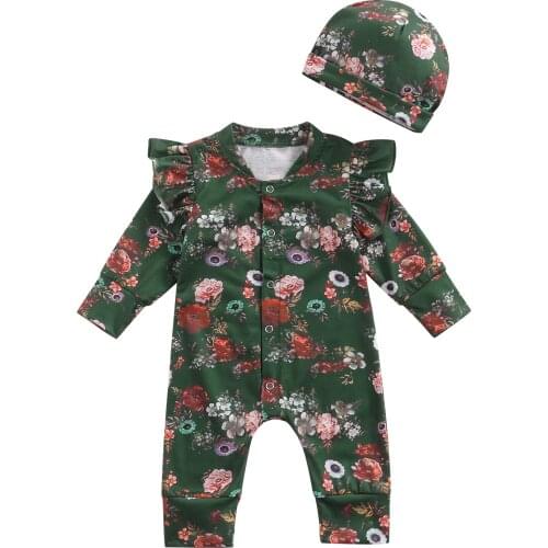 FOCUSNORM 0-12M Newborn Baby Girls Boys Romper Hats 2pcs Flowers Printed Ruffles Long Fly Sleeve Single Breasted Jumpsuits