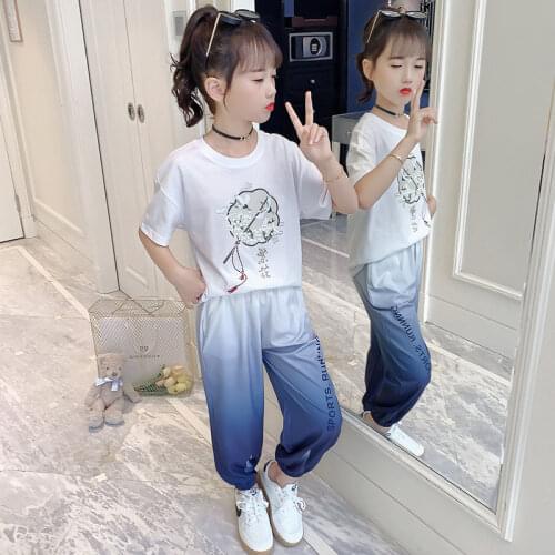 Girls Clothes 2021 Summer Short Sleeve T Shirts + Long Pants Gradient Sport Children Clothing Set Tracksuit Teen 4 6 8 10 12Year