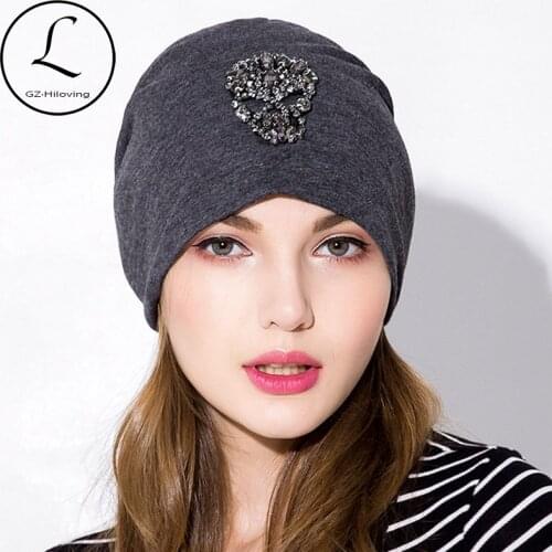 GZhilovingL New 2019 Soft Cotton Skull Beads Women Beanies Hats Casual Solid Color Oversize Slouch hats Skullies Caps For ladies