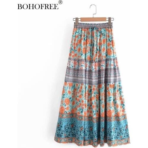 New Rayon Cotton Floral Print Maxi Hippie Skirts Bohemian Folk Indian Boho Fadal Casual Summer Beach Elastic Waist Womens Skirt
