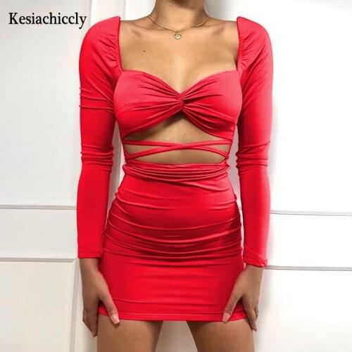 Kesiachiccly 2021 Red Pleated Sexy Dress For Women Hollow Out Night Club Party Dress Elegant Bodycon Pleat Summer Dress Vestidos
