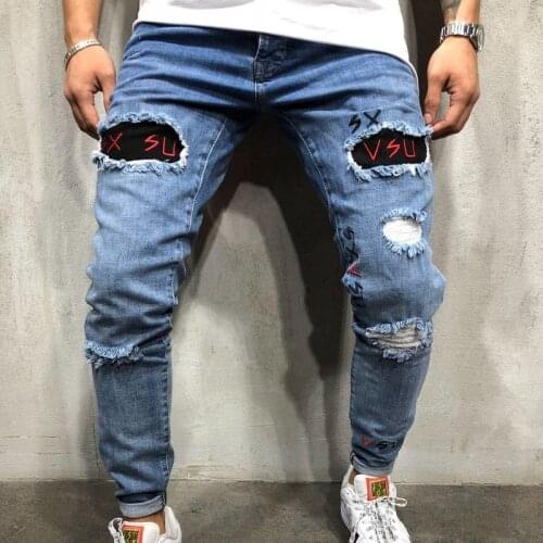 QNPQYX New Autumn High Street Mens Denim Jeans Hip Hop Ripped Embroidered FitnessMens Hole Pants Streetwear Long Trousers