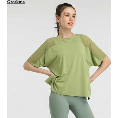New arrival women yoga t shirt short sleeve mesh patchwork quick dry overall fitness gym clothing loose tshirt haut femme