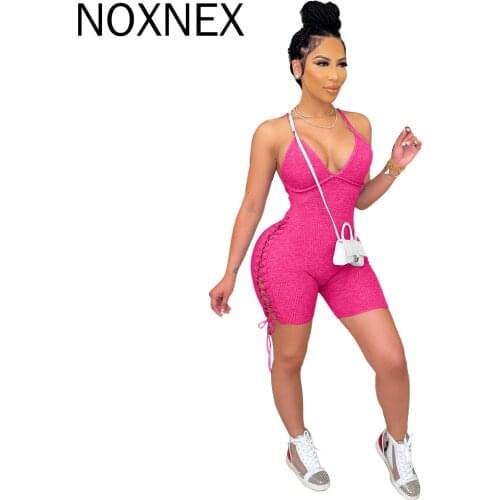 NOXNEX Women Lace Up Hollow Out Ribbed Bodycon Playsuit Active Fashion Elastic Romper Basic Yoga One Piece Overall Outfits