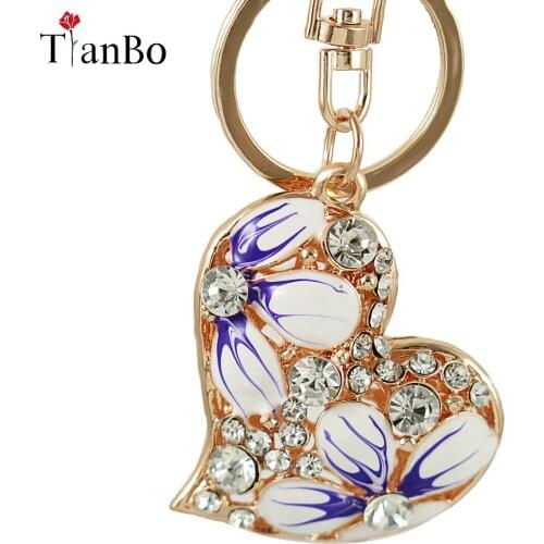 Purple Love Heart Flower New Fashion Crystal Charm Purse Handbag Car Key Keyring Keychain Party Wedding Birthday Gift
