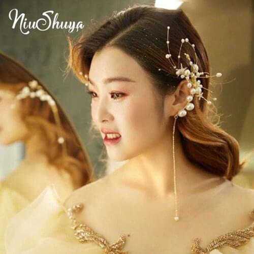NiuShuya Handmade Golden Star Hair Pins Rhinestone Cubic Side Hairpins Long Tassel Pearl Wedding Bridal Hair Accessories
