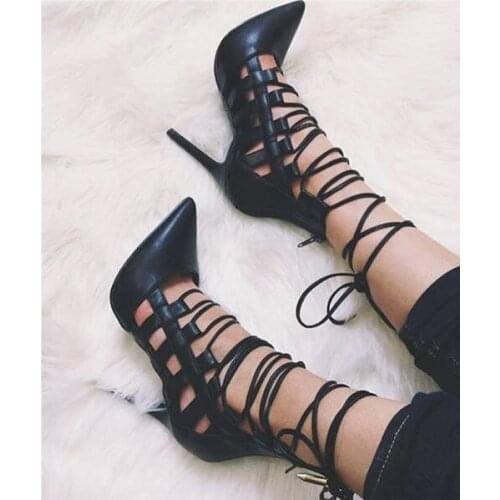 Carpaton Pointed Toe High Heel Shoes Sexy Leather Lace-up Woman Pumps 2019 Thin Heels Gladiator Stiletto Heels Black