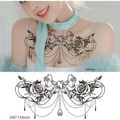 Waterproof Temporary Tattoo Sticker Big Bow Rose Flower Waist Chest on Back Tatto Breast Flash Tatoo Fake Tattoos for Women