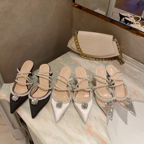 Fashion Women Sandals Pointed Toe Rhinestone Sandals Pearl Chain Ankle Strap Thin High Heels Dress Wedding Shoes Woman Size 39