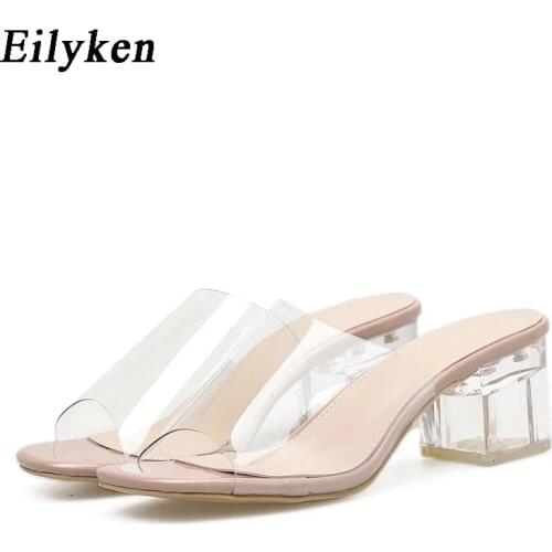 Eilyken 2021 PVC Jelly Crystal Slippers Open Toed High Heels Women Transparent Heel Slippers Sandals Square heel zapatos