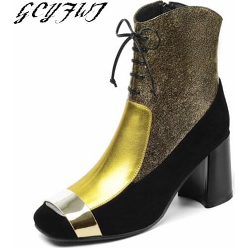 Retro Womens Mid Calf Boots Lace-Up Square Toe Warmest High Heel Shoes Crude Heel Mixed Colors Wedding Mature Zapatillas Mujer