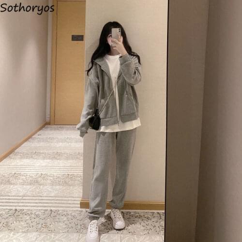 Women Gray Sets Plus Velvet Thicken Warm Hooded Zipper Coats Loose Casual Trousers Simple Fashion All-match Korean Ulzzang Daily