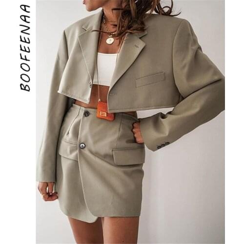 BOOFEENAA Business Chic Solid Padded Cropped Jacket Blazer and Skirt Suits Two Piece Set Women Outfits Matching Sets C92-EE39