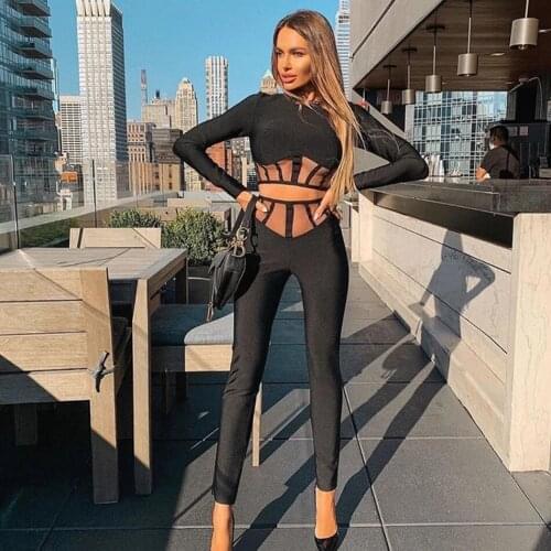 21 Fall Womens Two-piece Black Mesh Sexy Long Sleeve Mesh Tight Bandage Set Kylie Jenner Fashion Party Bandage Nine Points Tops