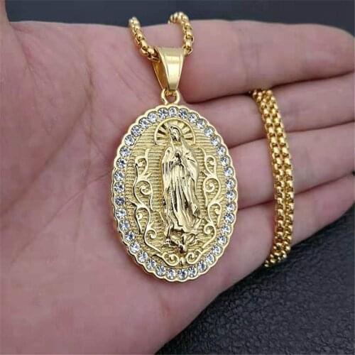 Stainless Steel Virgin Mary Gold Necklaces Pendants For Women 2019 Gold Color Madonna Necklace Religious Christian Jewelry