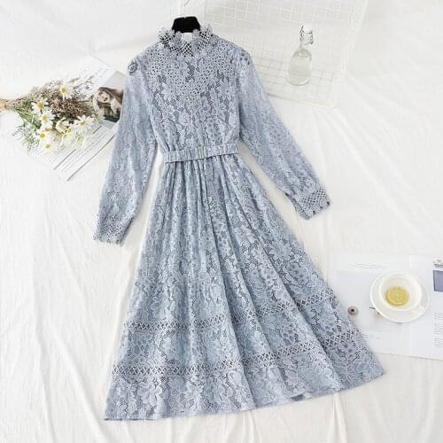 2021 Spring autumn New Splicing Lace Hook Flowers Dresses Women Temperament Long Sleeve O-Neck Slim Dress Ladies Vestidos H1119