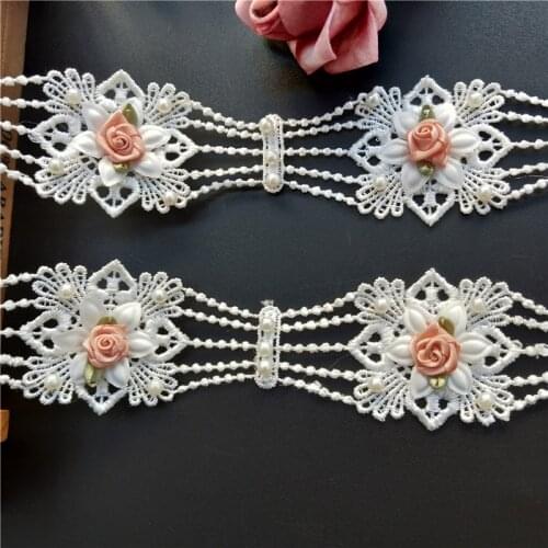 1yard Pearl Rose Flower Lace Trim Applique Trimming Ribbon Embroidered Fabric Sewing Craft Handmade Wedding Decoration