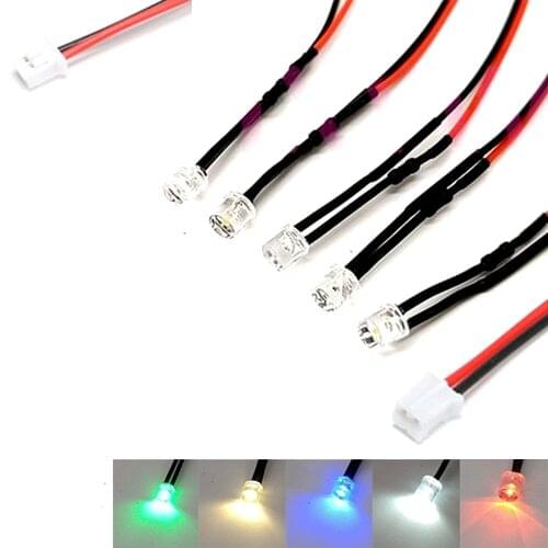 100Pcs 2V 3V 5V 6V 9V 12V Flat Head Clear 5mm LED With 20cm Red&Black Wire And PH2.0 Plug, Light=White Red Blue Green Yellow