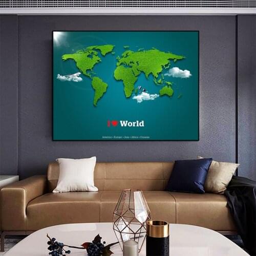 Abstract World Map Picture Green Background Canvas Painting Decor Oil Painting Poster Prints For Living Room Home Wall Pictures