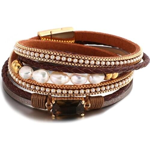 Amorcome Fashion PU Braided Leather Bracelets Women Men Pearls Double Layer Wrapped Magnetic Clasps Charm Bracelet Femme Gift