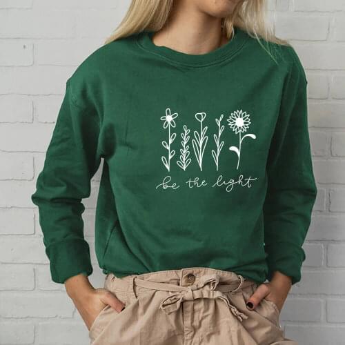 Be The Light Wild Plant Graphic Printed 100%Cotton Womens Christian Sweatshirt Women Casual O-Neck Pullover Long Sleeve Tops