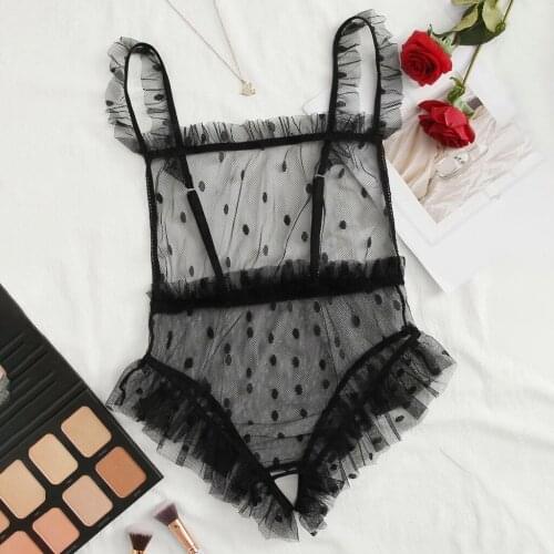 Summer Lace Women Bodysuit Lace Lingerie Silk Underwear Spaghetti Strap Dots Mesh Transparent See Through Underwear Bodysuit