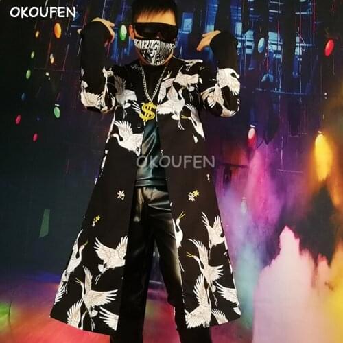 Man fashion Crane Print Long Casual Suit Party show wear Nightclub bar singer DJ stage performance outfit