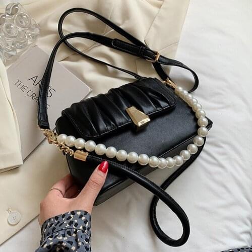 New Brand Solid Color PU Leather Crossbody Bags for Women 2021 Fashion Folds Shoulder Handbags Beading Designer Female