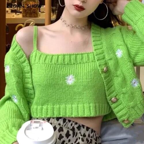 1 set Autumn Korea Style Vintage Embroidery Flower Cardigan Tank Top V neck Single-breasted Button Knitted Crop Sweater Jumper