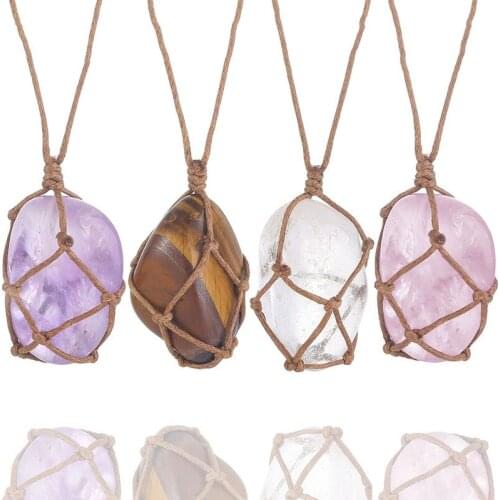 Natural Stone Rope Wrap Necklace Irregular Purple Rose Quartz Pendant Necklaces Adjustable Women Girl Vintage Jewelry