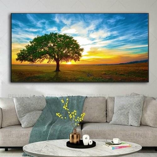 Nature Landscape Green Tree Sunset Posters and Prints Modern Canvas Painting HD Tree Wall Art Picture for Living Room Decoration