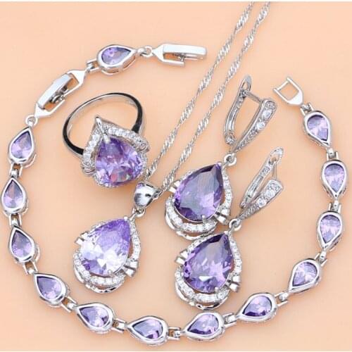 Classic Drop 925 Sterling Silver Jewelry Sets Purple Amethyst Earrings Rings Fine Accessories Wdding Necklace Set Dropshipping