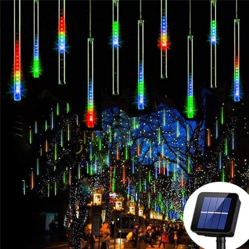 Led Meteor Shower Rain Light Solar Powered Waterproof String Light Falling Rain Icicle Fairy String Lamp for Holiday Party Decor