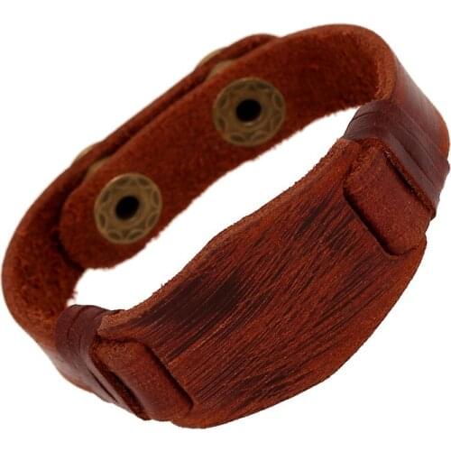 Vintage Gypsy Hippie Punk Cool Flat Piece Brown Real Leather Tag Charm Wrap Button Clasp Wide Big Bracelet Bangle Unisex
